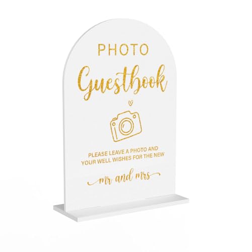Acrylic Wedding Sign, Bridal Shower Decorations, Photo Guestbook Sign for Ceremony, Modern Font Table Signs, Acrylic Table Top Signs for Wedding Reception and Event Party (White Gold)