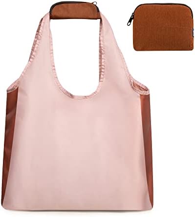 Reusable Grocery Bags - Shopping Bags Foldable into Attached Pouch Wallet, Comfort Handle, Washable, Waterproof, Heavy Duty Ripstop - Large Capacity - Foldable Tote Bag – Brown