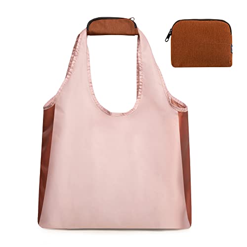 Reusable Grocery Bags - Shopping Bags Foldable Into Attached Pouch Wallet, Comfort Handle, Washable, Waterproof, Heavy Duty Ripstop - Large Capacity - Foldable Tote Bag – Brown #TOP21