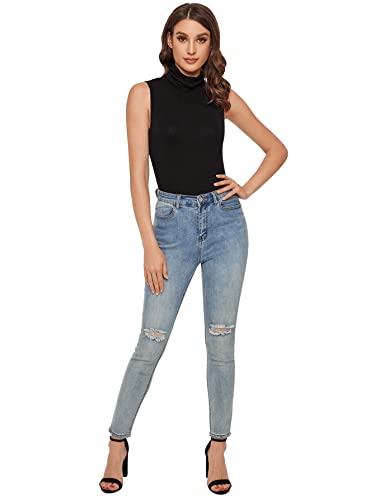 Image of Women's Basic Sleeveless Turtleneck Slim Fit Solid Tank Top Vest