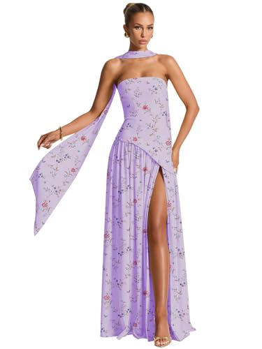 Chiffon Strapless Bridesmaid Dresses with Scarf Wedding Formal Dresses for Bridesmaid with Slit