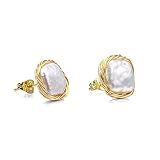 Cowlyn Pearl Stud Earrings Real Baroque Cultured 18K Gold Wrapped Silk Handmade Hypoallergenic Jewel