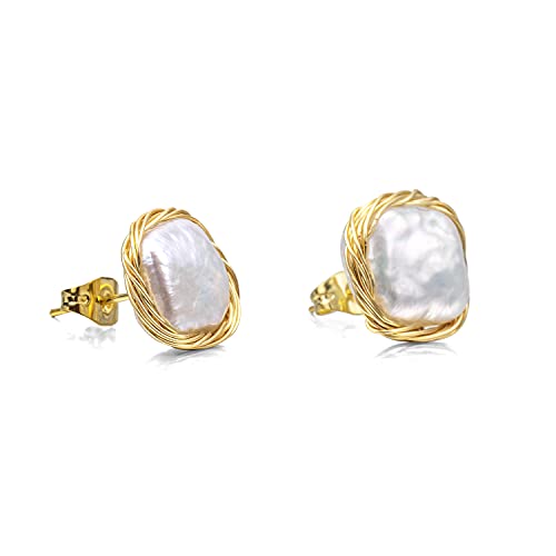 Cowlyn Pearl Stud Earrings Real Baroque Cultured 18K Gold Wrapped Silk Handmade Hypoallergenic Jewelry For Women 0.6" X0.6" #TOP19