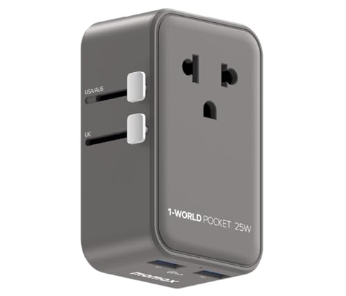 MOMAX 1-World Pocket ���j�o�[�T���C�O�p�ϊ��A�_�v�^�[ ? �����^�A�X�^�C���b�V�����~�j GaN�[�d��A25W�}���[�d�A5�|�[�g�i2 USB-C + 2 USB-A + AC�j�A�܂肽���݃v���O�A���E�Ή��d���A�~�X�e�B�O���[�i1����j