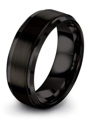 Charming Jewelers Tungsten Wedding Band Ring 8mm Men Women Comfort Fit Black Step Bevel Edge Brushed Polished Size 10