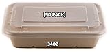 [50 Pack] 34oz Compostable Eco Friendly Container Trays with Lids - Rectangular Oblong Tree Free Sugarcane Bagasse Meal Prep Bento Boxes Take Out Catering Microwavable Deep Container by EcoQuality