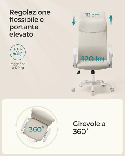 Sedia da Ufficio, Sedia da Scrivania Ergonomica, Girevole, Seduta Imbottito, Regolabile in Altezza e Inclinabile, Portata di 120 kg, Beige Cappuccino OBN034K01 - Sedia gaming - Immagine 6