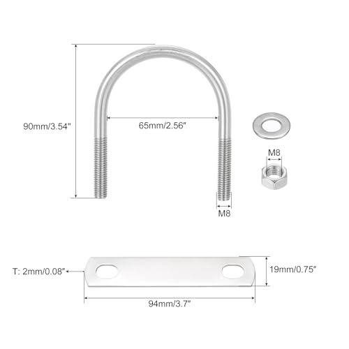Image of uxcell Round U-Bolts, 4 Sets 65mm(2.56 inch) Inner Width 90mm Length M8 304 Stainless Steel U Clamp Bolt with Nuts and Plates, for Boat Trailer