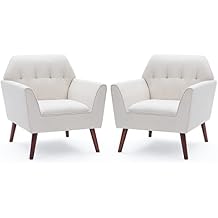 Kingfun Linen Fabric Accent Chairs Set of 2 for Bedroom, Midcentury Modern Accent Arm Chairs for Living Room, Comfortable Reading Chair, Tufted Sofa Chair, Upholstered Single Sofa, Ivory Beige