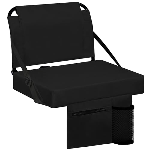 Besunbar Stadium Seats for Bleachers with Back Support Bleacher Seat Soft Cushion Light Weight Includes Shoulder Strap & Cup Holder, Front & Back Zipper Pocket, Suitable for Sports Events,Black