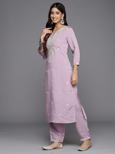 Image of INDO ERA Women's Embroidered Silk Blend Calf Length Straight Kurta & Pant with Dupatta Set | Kurta Sets For Woman