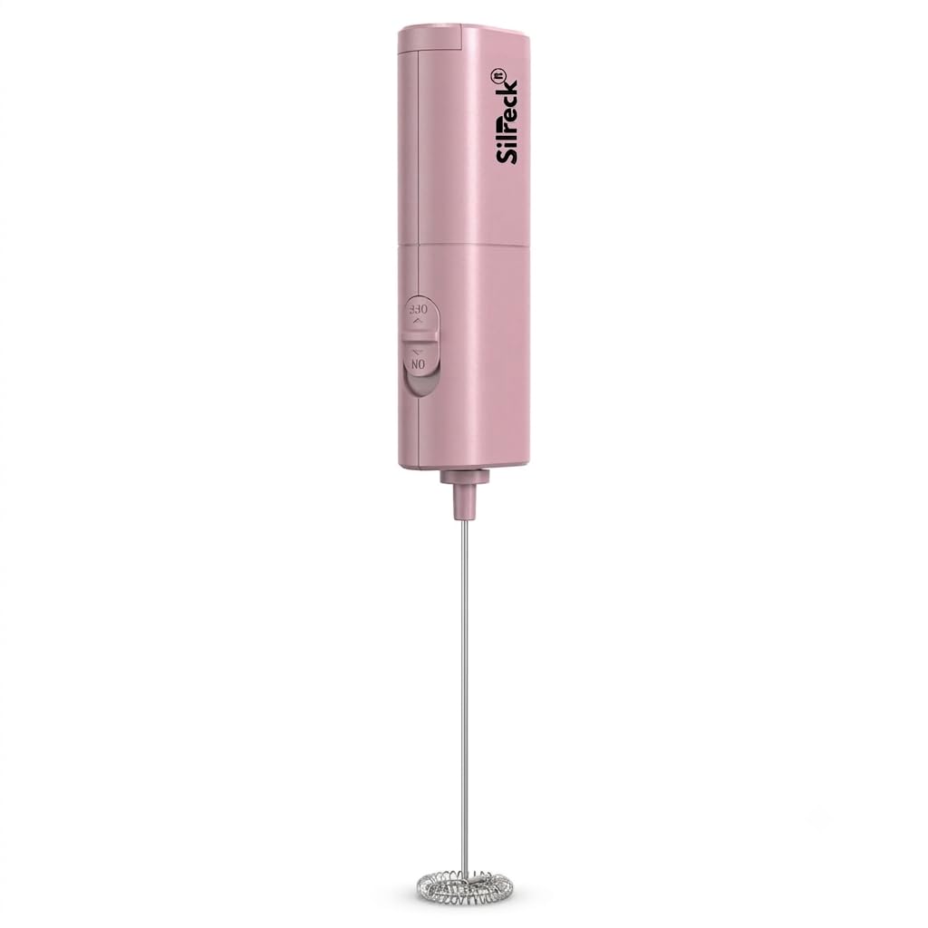 Silreck Milk Frother Handheld, Electric Milk Foam Maker with Stainless Steel Whisk, Hand Drink Mixer for Coffee, Matcha, Cappuccino, Lattes, Battery Operated Electric Stirrer Coffee Mixer Wand (Pink)