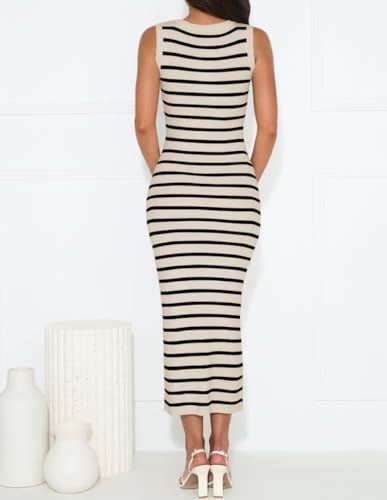 ZESICA Women's Summer Square Neck Bodycon Midi Dresses 2025 Casual Sleeveless Ribbed Knit Striped Beach Vacation Long Dress