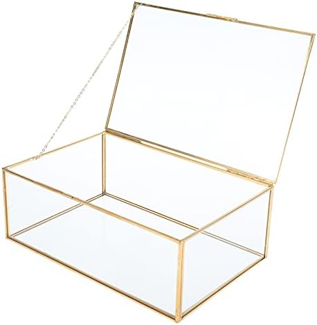 Homtone Large Copper Golden Vintage Glass Lidded Box, Decorative Jewelry Keepsake Display Organizer Clear Rectangle Golden Box for Wedding Party Decor (27.5x18.5x10cm)