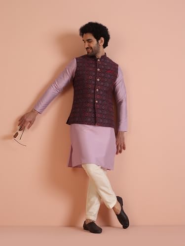 Kisah Men's Kurta Jacket Trouser Set, Multi Cotton Blend, Mandarin Collar Woven Design Regular Fit Long Sleeves (M)