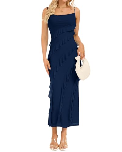 Fall Wedding Guest Dess, Sexy Maxi Spaghetti Strap Bodycon Stretch Mesh Ruffle Long Dress for Formal Cocktail Party