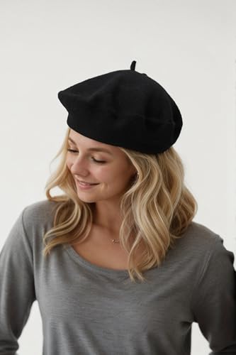 KIMMING Beret Hats for Women- Classic Wool French Beret | Elegant Vintage Cloche Hat for Artists, Parisian Chic Outfits Black