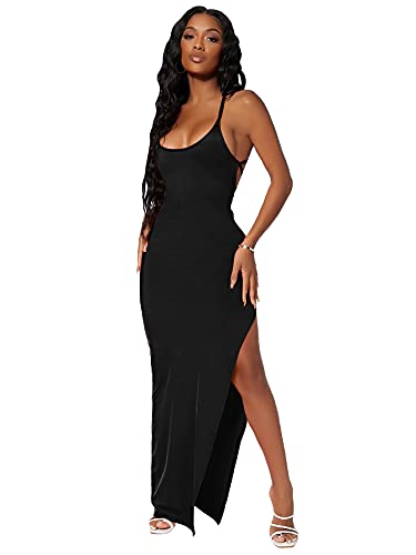 Shein Women's Side Split Thigh Backless Bodycon Maxi Dress Sleeveless Tie Back Criss Cross Slit Pencil Long Dresses X-Small Black #TOP22