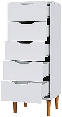 Panana Chest of Drawers, Wood 5 Drawers Cabinet Narrow Storage Organiser Unit with Wooden Legs for Living Room Bedroom White
