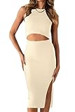 PRETTYGARDEN Women's Summer Midi Bodycon Dresses Casual Crew Neck Side Slit Sleeveless Knit Cut Out Tank Top Dress (Apricot,Medium)