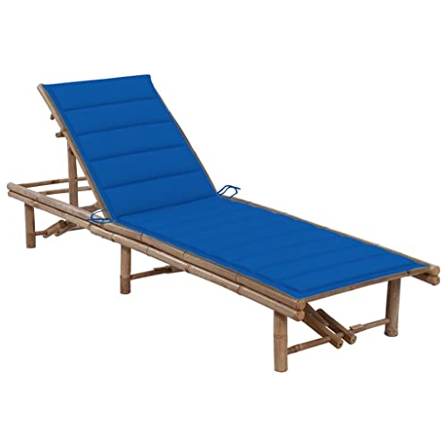 Annlera Bain de Soleil Jardin Exterieur 200x65x(30-87) cm avec Coussin Bleu Royal Bambou Chaise Longue de Balcon Dossier Réglable Détendre Chaise Longue de...