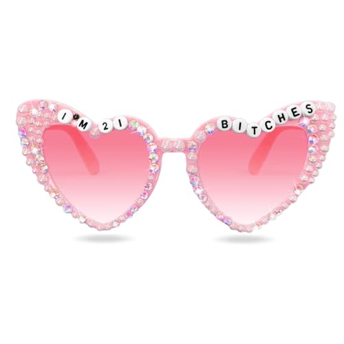21st Birthday Sunglasses - Pink 'I'm 21 Bitches' Shiny Bling Diamond Pearl Glasses for Girls 21st Birthday Party Supplies