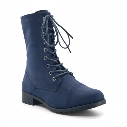 ABSOLEX Womens Lace up Round Toe Low Heel Combat Boots, Navy, 5.5