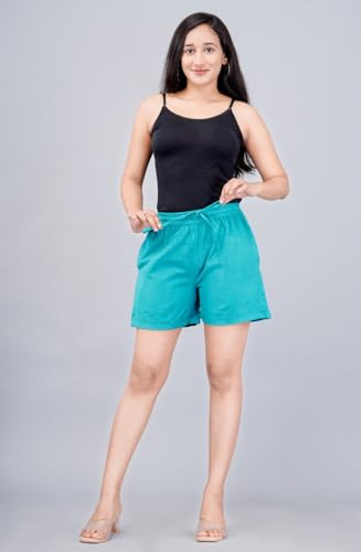 Image of Women's Cotton Regular Relaxed Fit Solid Print Design Thigh Length Casual Summer Running Yoga Gym Night Wear Shorts Elastic Waistband and Drawstring with Pocket