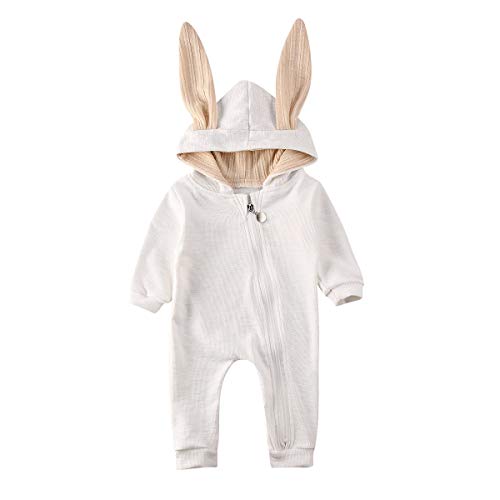 FeMereina Newborn Baby Boy Girl Rabbit Ears Bodysuit Zipper Hooded Romper Jumpsuit Winter Warm Clothes (White, 0-3Months)