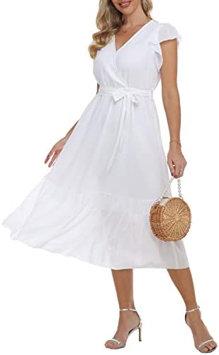 Robe Midi Décontractée pour Femmes Élégante Pure Color Chiffon Ro...