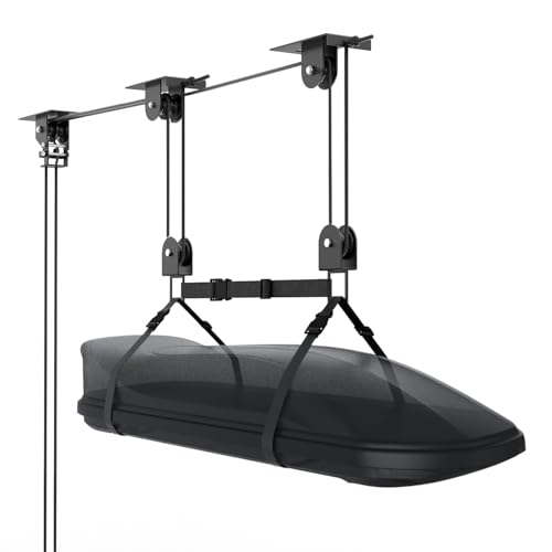 TooTaci Cargo Box Pulley System for Garage, Heavy Duty Ceiling Storage Lift with 3 Metal Pulley Hold Up to 150lbs, Garage Hoist System for Kayak, Roof Box, Ladders, Easy Lift, Fit 10-14 Foot Ceilings