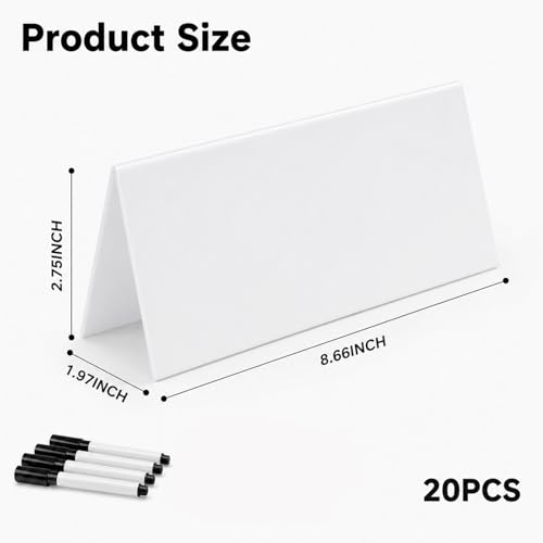 20 PCS Dry Erase Name Tent Cards Reusable - 8.7x2.8'' White Acrylic Name Plates with 5 Black Markers for Meeting Wedding Office Table Setting - Wipe Clean Desk Name Tents Sets with Erasers by Avoirdus - Image 2