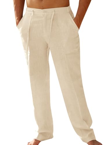 PASLTER Mens Casual Linen Pants Loose Fit Straight-Legs Elastic Drawstring Waist Summer Beach Yoga Long Pants A-Beige