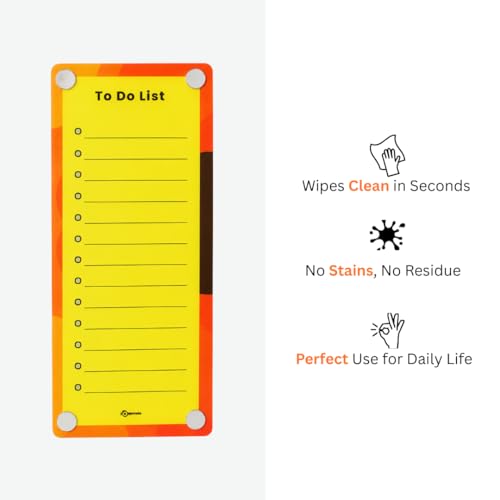 Image of Magnetic Planner Board for Fridge - to Do List | 24x10 cm | Acrylic Writing Board for Kitchen Fridge, Notepad | Reusable Shopping List Board, Checklist with Pen | Orange