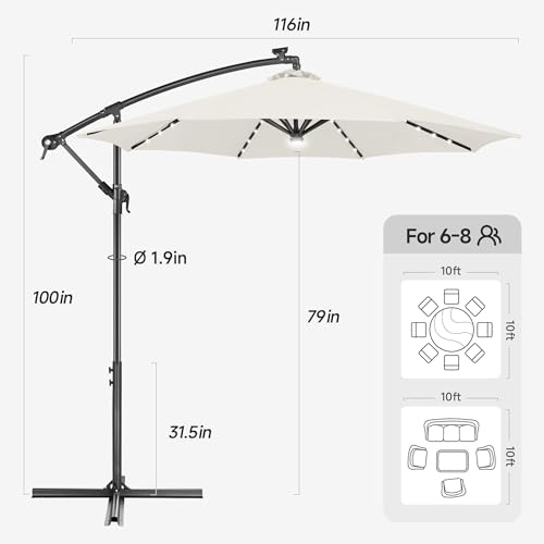 Image of Solar Offset Patio Umbrella - 10 FT Solar Cantilever Umbrella Outdoor with 40 LED Lights and Cross Base, UV Protection for Garden, Deck, Backyard, Pool, Porch, Ivory
