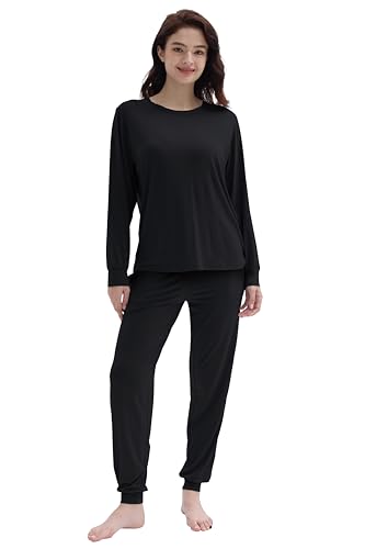 Joyaria Bamboo Viscose Pajamas for Women Long Sleeve Pjs Set Night Sweat Lounge Set (Black,Medium)