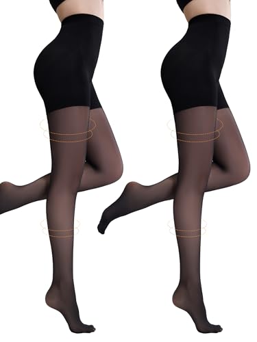 Yilanmy 2 Paar Kompressionsstrumpfhose Damen 10-15mmHg, Shape Stützstrumpfhose Semi Blickdicht Feinstrumpfhose 30 DEN(Schwarz,XL)