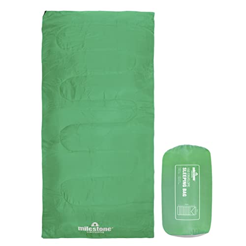 Milestone Camping Envelope Single Sleeping Bags / 2 & 3 Season Insulation/Light & Portable with Carry Sack/Extra Thick Double Layer Interior/Water Resistant (Green, 2 Season)