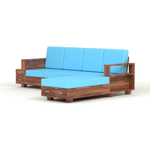 Image of Sheesham Wood 6 Seater L Shape Sofa Set with Storage Drawers and 40 Density Cushion | Solid Wooden Corner Sofa with Blue Fabric Upholstery for Living Room