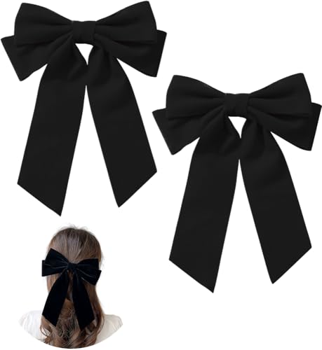 ZEVONDA Pack of 2 Big Bow Hair Clips - Solid Color Velvet Large Bowknot Hairpin Hair Clip with Long Tail Hair Barrettes Accessories for Girls Women Black * 2