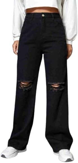 SATPURUSH Women's Regular Solid Mid Rise High Waist Boyfriend Style Wide Leg Bell Bottom Jeans Pant