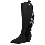 LOHEK Fringe Cowboy Boots for Women Knee High Cowgirl Boots Chunky Heel Pointed Toe Suede Long Boots for Fall Winter Halloween Costumes Black Size 10