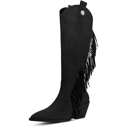Fringe Cowboy Boots For Women Knee High Boots Chunky Heel Pointed Toe Western Boot Faux Suede Cowgirl Boots For Dressing Vacations Parties Gatherings