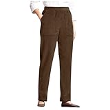 Womens Corduroy Pants Elastic High Waist Winter Comfy Pants Women Casual Fleece Fashion Tapered Pull On Pant Solid Color Straight Leg Vintage Trousers with Pockets Brown M