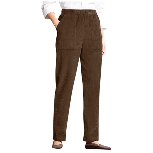 Pull On Corduroy Pants Women's High Waisted Straight Leg Business Casual Work Wide Leg Lounge Pants With Pockets