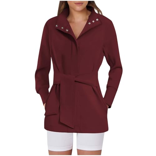 Womens Belted Fall Jackets Open Front Wrap Trench Coat Long Sleeve Casual Dressy Travel Outerwear with Pockets Wine