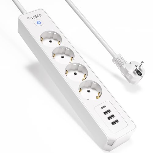 Tira de alimentación Regletas enchufes,Enchufe USB con 3 Puertos de USB y 4 Tomas (3680 W/16 A) Alargador Regleta Enchufe Viajar Alargador Multiple con Interruptor Carga 1.5 m