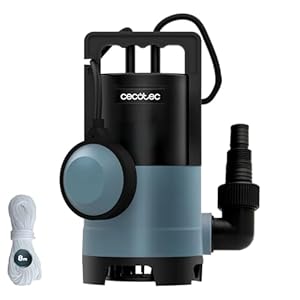 Cecotec Schmutzwasserpumpe Axike 400 Dark, 400 W, bis 8000 l/h, Förderhöhe 5, 5 m, Tauchtiefe 7 m, 25 mm Partikel, 1"/1-1/4" Anschluss, Automatik-Schwimmer, IPX8 bis 35 °C, 10 m Kabel, 8 m Nylonseil