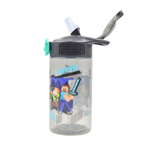 HOX Minecraft Reusable Drinks Bottle | BPA-free Plastic Lightweight Water Bottle with Carry Loop | Removable straw & spills Proof | Gift for Minecraft fan | Licensed Merchandise 600ML