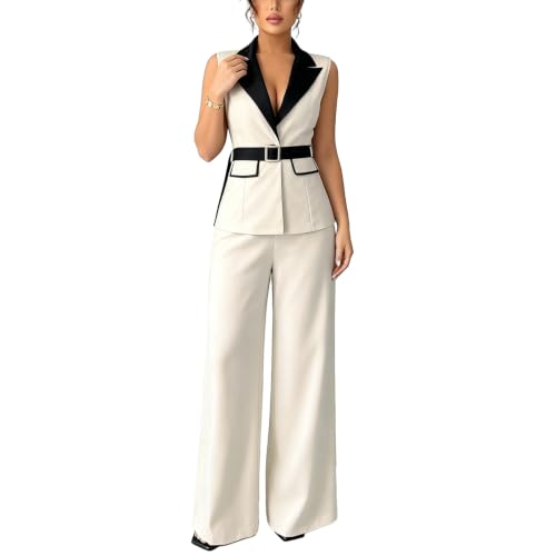 Women's 2 Piece Outfits Straight-Leg Trousers And Collared Vest Set